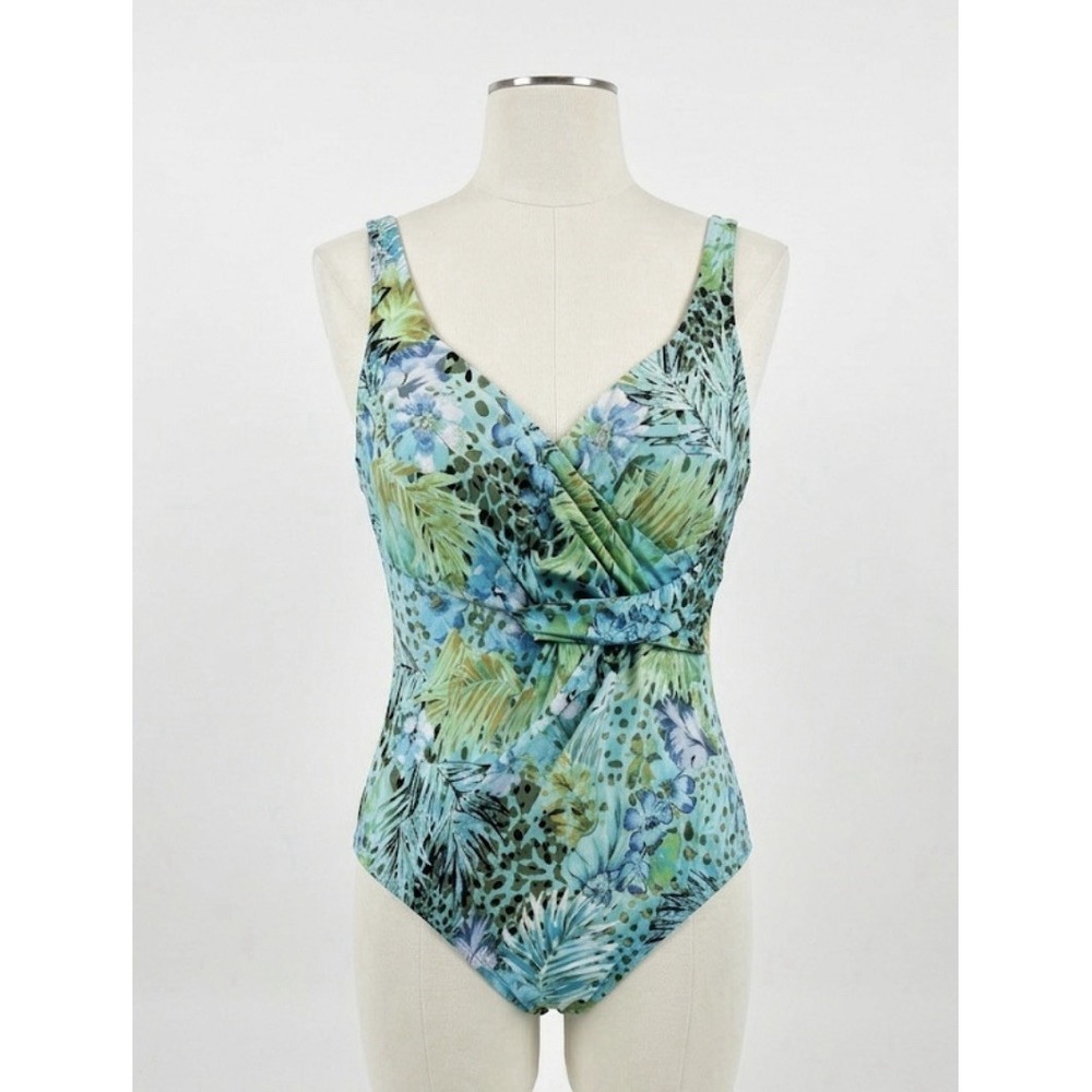 DREAMSUIT ONE PIECE SWIMSUIT SZ 14 BLUE GREEN FLORAL LEOPARD TROPICAL V-NECK